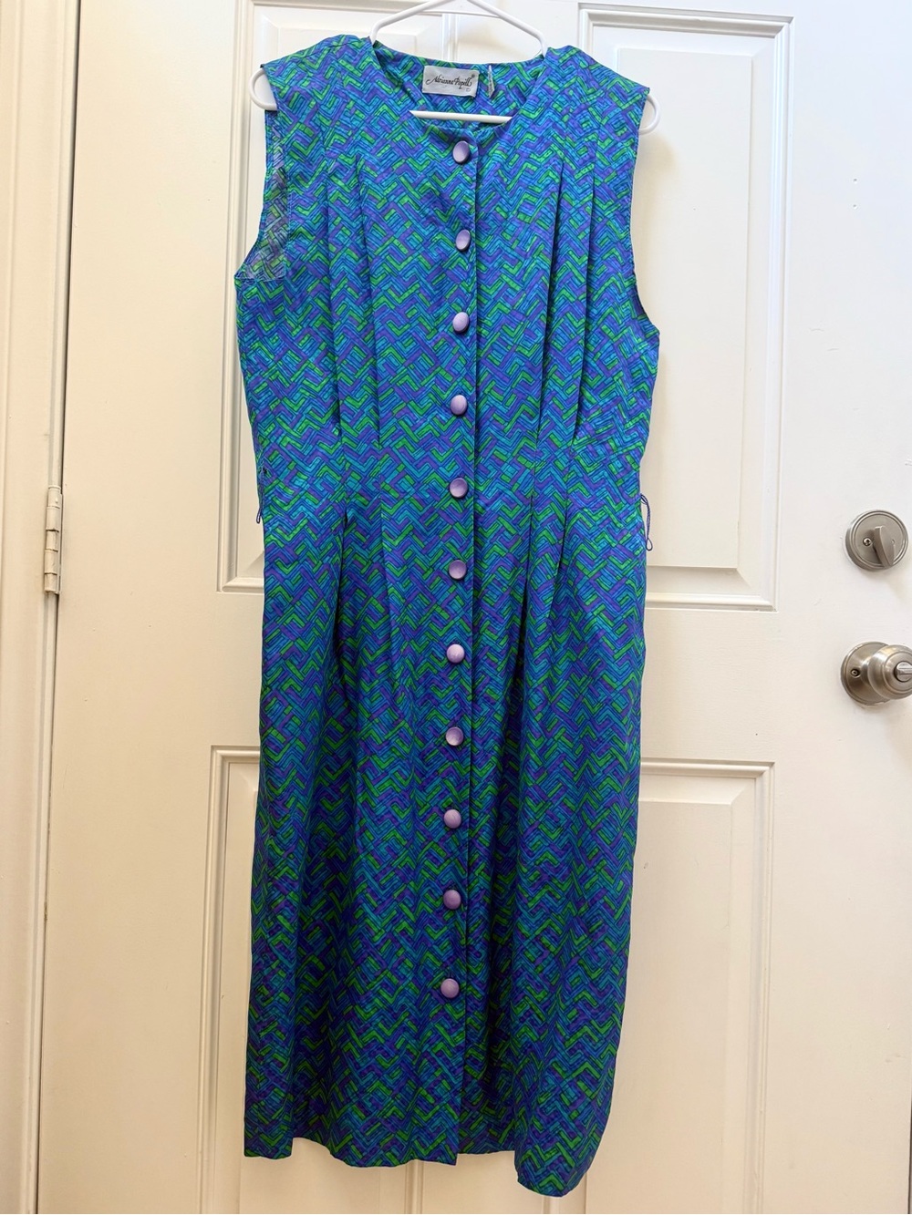 Adrianna Papell 100% Silk Blue & Green Sleeveless Button Front Midi Dress
